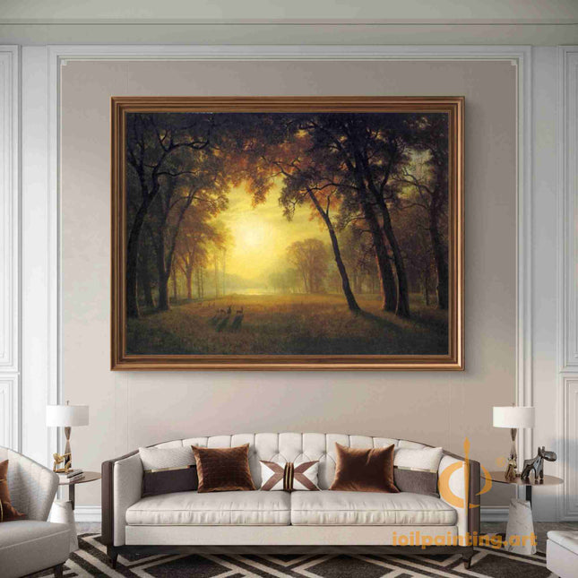 "Albert Bierstadt's 'Sunlit Forest Glade' - Hand-Painted Landscape Oil Painting Reproduction"