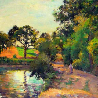 "Camille Pissarro's 'Serene Riverside Path' - Hand-Painted Impressionist Oil Painting Reproduction"