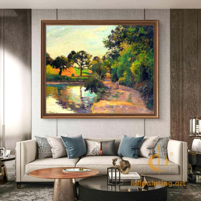 "Camille Pissarro's 'Serene Riverside Path' - Hand-Painted Impressionist Oil Painting Reproduction"