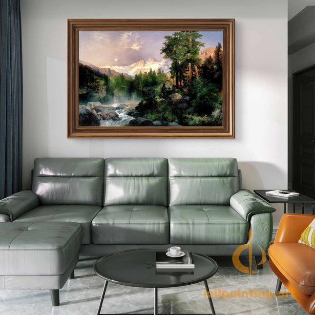 "Albert Bierstadt's 'Majestic Mountain Landscape' - Premium Hand-Painted Oil Reproduction on Canvas"
