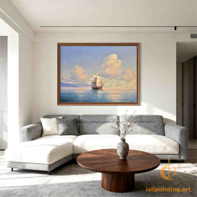 "Ivan Aivazovsky's 'Serene Sailboat at Sunset' - Hand-Painted Oil Painting Reproduction"