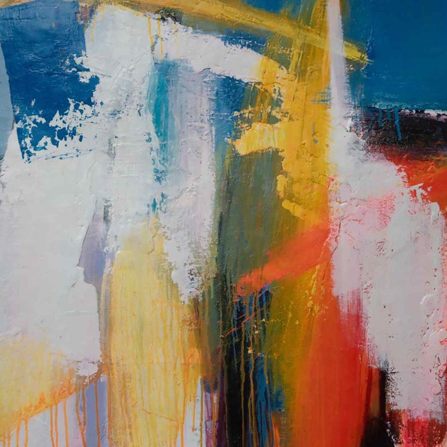 "Expressive Abstract Oil Painting - Bold Color Explosion in Blue, White & Gold | Handmade Contemporary Wall Art"