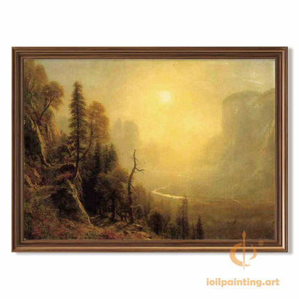 "Albert Bierstadt's 'Golden River Serenity' - Hand-Painted Landscape Oil Painting Reproduction"