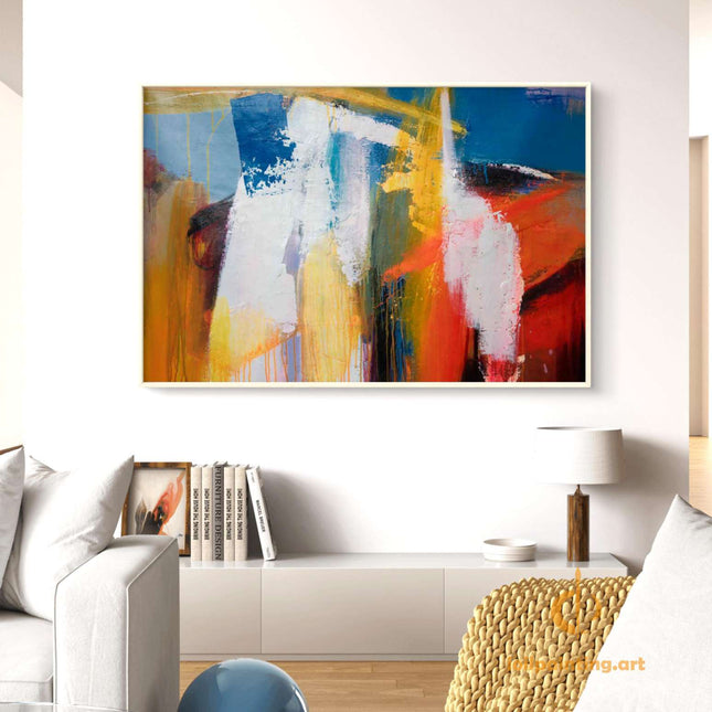 "Expressive Abstract Oil Painting - Bold Color Explosion in Blue, White & Gold | Handmade Contemporary Wall Art"