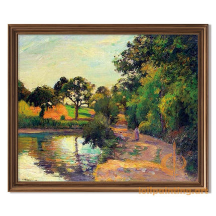 "Camille Pissarro's 'Serene Riverside Path' - Hand-Painted Impressionist Oil Painting Reproduction"