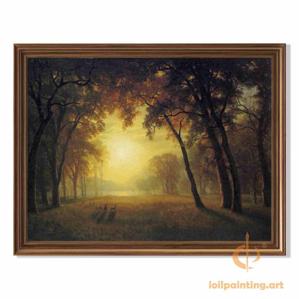 "Albert Bierstadt's 'Sunlit Forest Glade' - Hand-Painted Landscape Oil Painting Reproduction"
