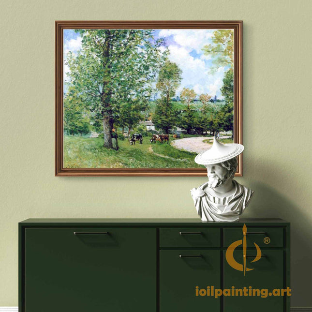 "Alfred Sisley's 'Pastoral Repose' - Hand-Painted Rural Landscape Oil Painting Reproduction"