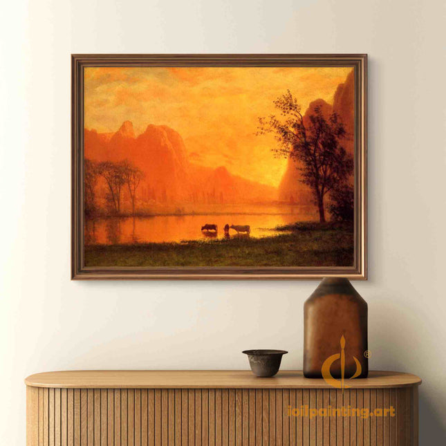 "Albert BIerstadt's 'Evening Pastoral' - Hand-Painted Landscape Oil Painting Reproduction"
