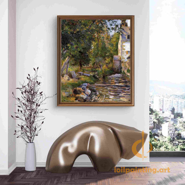 "Camille Pissarro's 'Women Washing by the Riverbank' - Hand-Painted Impressionist Oil Painting Reproduction"