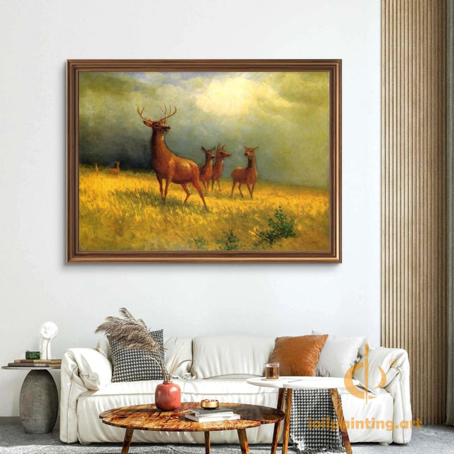 "Albert Bierstadt's Classic Deer Family in Golden Meadow - Hand-Painted Oil Painting Reproduction"