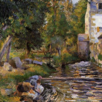 "Camille Pissarro's 'Women Washing by the Riverbank' - Hand-Painted Impressionist Oil Painting Reproduction"
