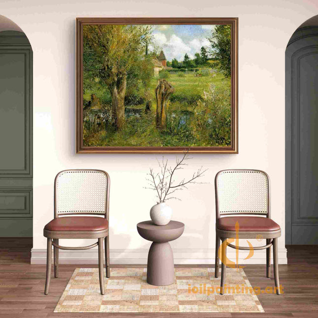 "Camille Pissarro's 'Tranquil Countryside with Red-Roofed Cottage' - Hand-Painted Oil Painting Reproduction"
