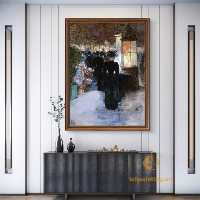 "Childe Hassam's 'Elegant Ladies in Vintage Street Scene' - Hand-Painted Classical Oil Painting Reproduction"