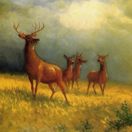 "Albert Bierstadt's Classic Deer Family in Golden Meadow - Hand-Painted Oil Painting Reproduction"
