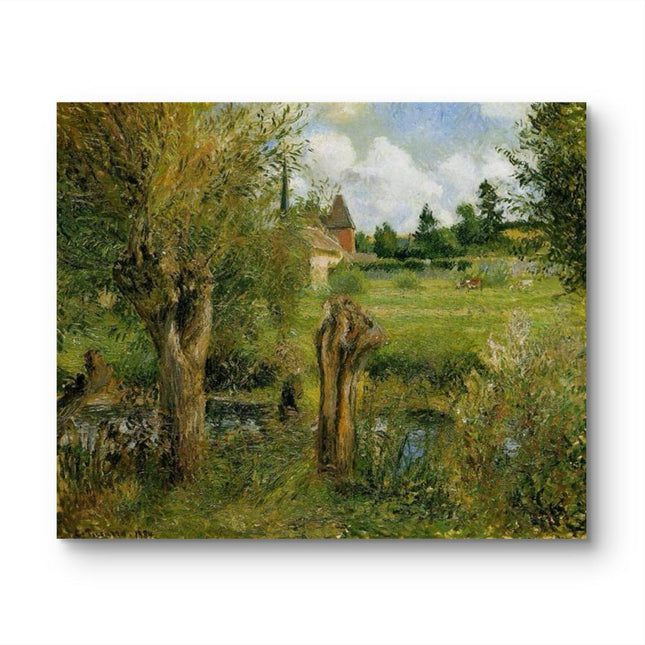 "Camille Pissarro's 'Tranquil Countryside with Red-Roofed Cottage' - Hand-Painted Oil Painting Reproduction"
