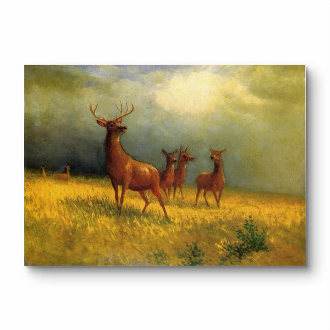 "Albert Bierstadt's Classic Deer Family in Golden Meadow - Hand-Painted Oil Painting Reproduction"