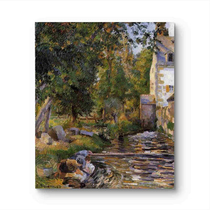 "Camille Pissarro's 'Women Washing by the Riverbank' - Hand-Painted Impressionist Oil Painting Reproduction"