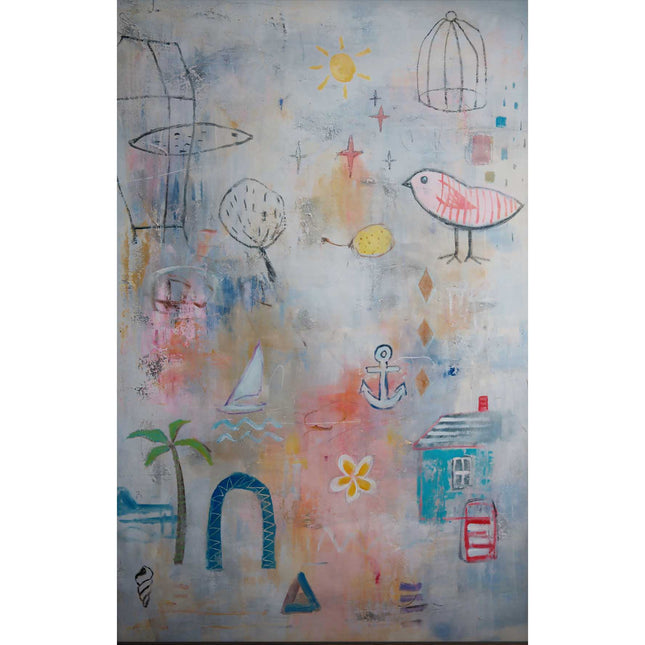 "Whimsical Coastal Abstract Oil Painting - Charming Beach House Art with Sailboat & Bird - Vibrant Wall Decor"