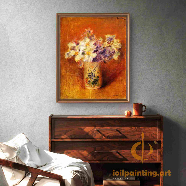 "Pierre-Auguste Renoir's 'Floral Elegance' Oil Painting Reproduction - Classic Still Life with Vase and Blossoms"