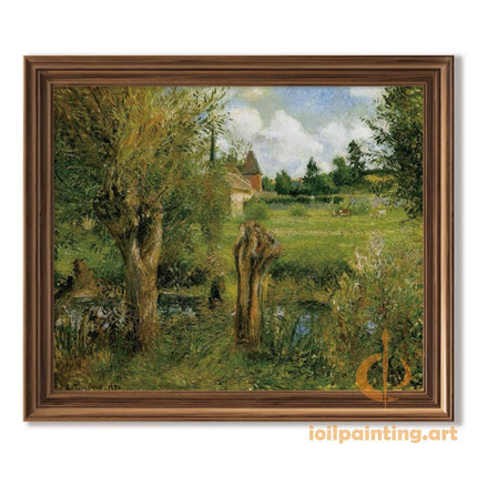 "Camille Pissarro's 'Tranquil Countryside with Red-Roofed Cottage' - Hand-Painted Oil Painting Reproduction"