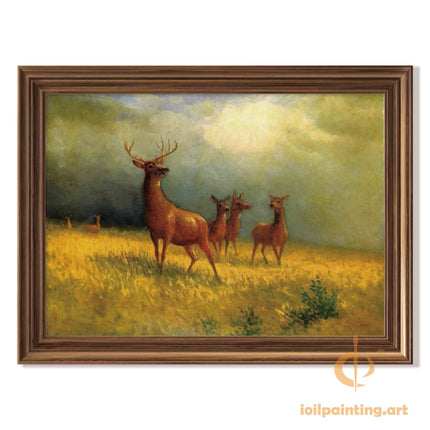 "Albert Bierstadt's Classic Deer Family in Golden Meadow - Hand-Painted Oil Painting Reproduction"