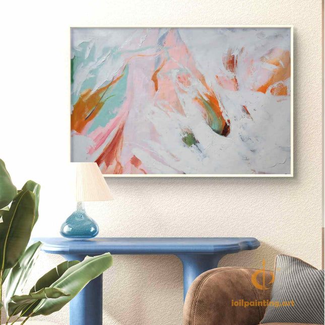 "Modern Abstract Oil Painting - Vibrant Pink, Mint & Orange Color Splash | Textured Canvas Wall Art for Contemporary Homes"