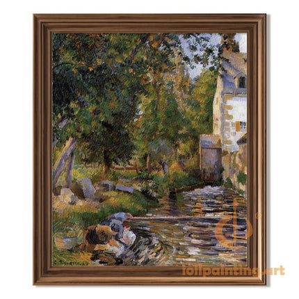 "Camille Pissarro's 'Women Washing by the Riverbank' - Hand-Painted Impressionist Oil Painting Reproduction"