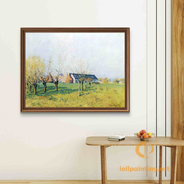 "Alfred Sisley's 'Springtime Village' - Hand-Painted Impressionist Oil Painting Reproduction"