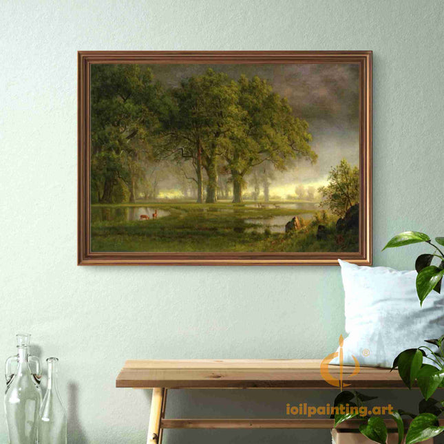 "Albert Bierstadt's 'Forest Serenity' - Hand-Painted Landscape Oil Painting Reproduction"