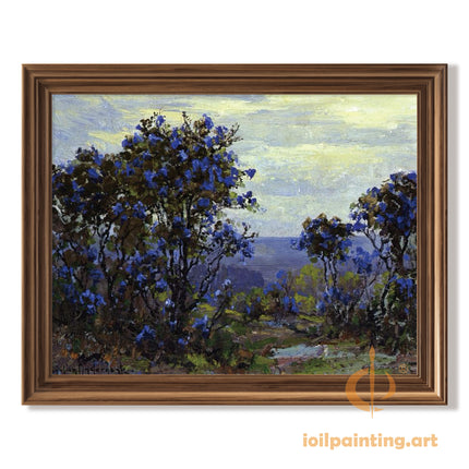 "Blue Blossom Tree in Serene Landscape - Premium Hand-Painted Oil Reproduction on Canvas"