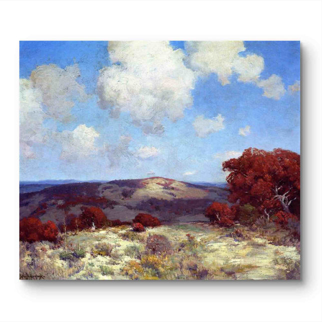 "Julian Onderdonk's 'Tranquil Countryside Vista' Oil Painting Reproduction - Rolling Hills & Scarlet Oaks"
