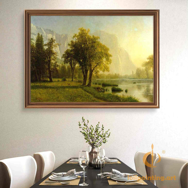 "Albert Bierstadt's 'Serene Lakeside Retreat' - Hand-Painted Landscape Oil Painting Reproduction"