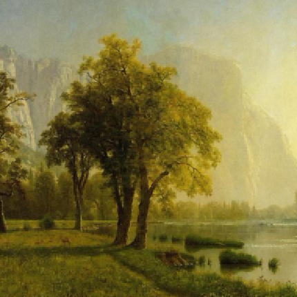 "Albert Bierstadt's 'Serene Lakeside Retreat' - Hand-Painted Landscape Oil Painting Reproduction"