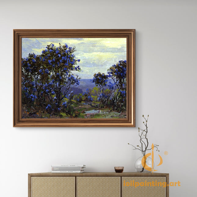 "Blue Blossom Tree in Serene Landscape - Premium Hand-Painted Oil Reproduction on Canvas"