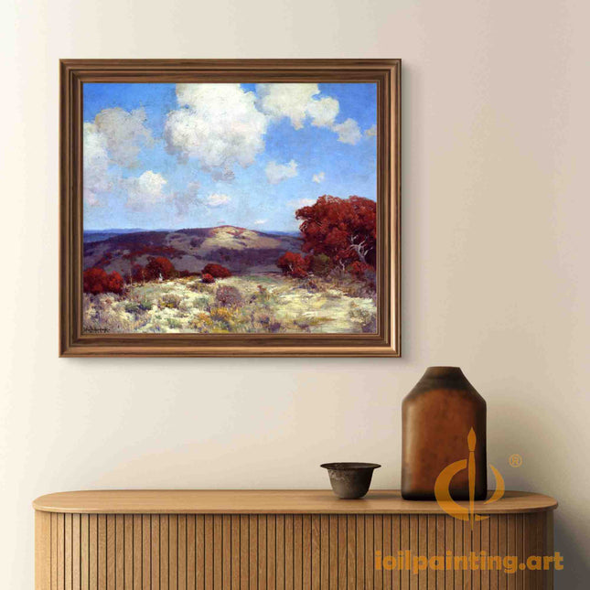 "Julian Onderdonk's 'Tranquil Countryside Vista' Oil Painting Reproduction - Rolling Hills & Scarlet Oaks"