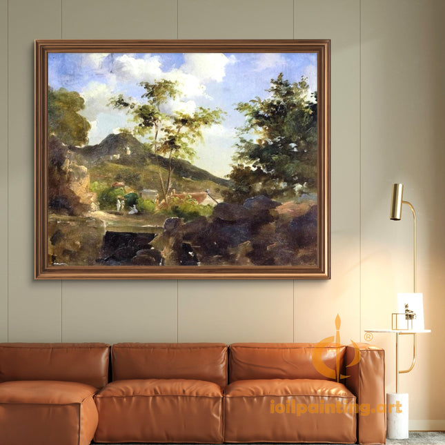 "Camille Pissarro's 'Serene Village Landscape' - Hand-Painted Oil Painting Reproduction"