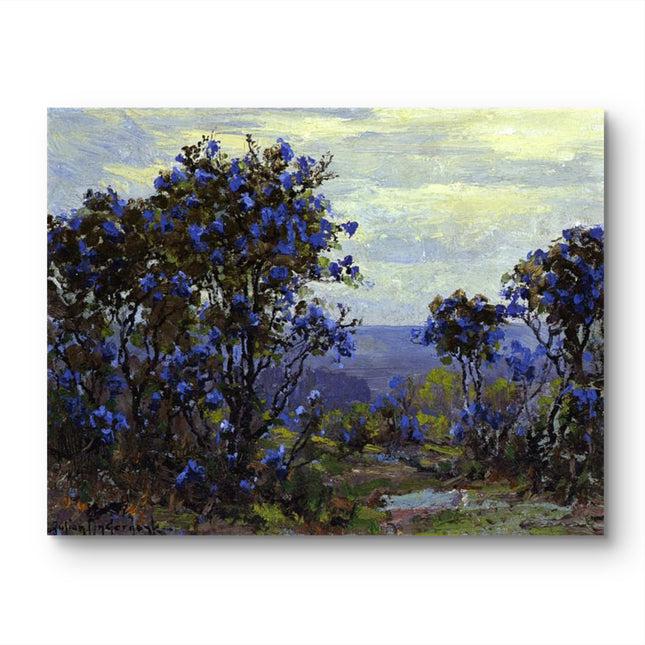 "Blue Blossom Tree in Serene Landscape - Premium Hand-Painted Oil Reproduction on Canvas"