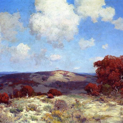 "Julian Onderdonk's 'Tranquil Countryside Vista' Oil Painting Reproduction - Rolling Hills & Scarlet Oaks"