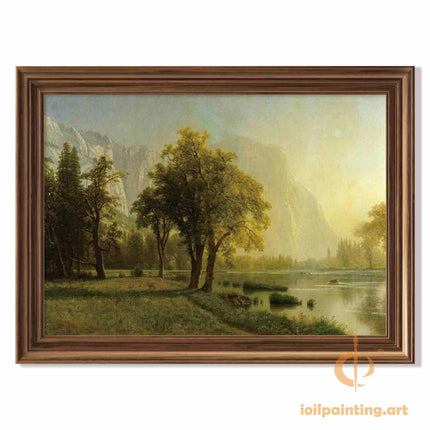 "Albert Bierstadt's 'Serene Lakeside Retreat' - Hand-Painted Landscape Oil Painting Reproduction"