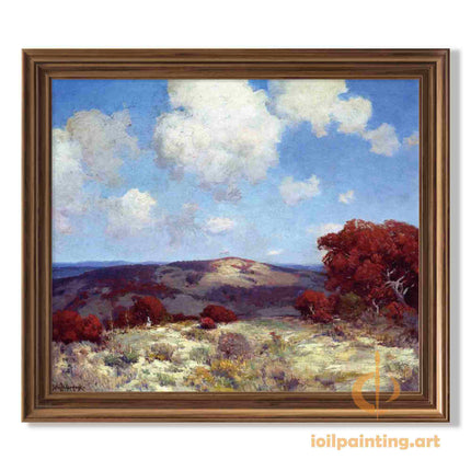 "Julian Onderdonk's 'Tranquil Countryside Vista' Oil Painting Reproduction - Rolling Hills & Scarlet Oaks"