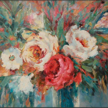"Expressive Floral Abstract Oil Painting - Vibrant Red & White Blooms with Green Accents | Handmade Canvas Wall Art"