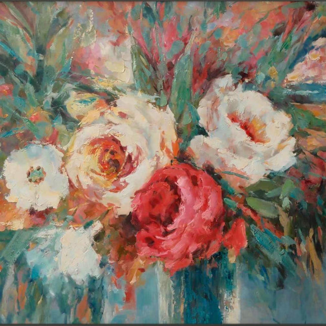 "Expressive Floral Abstract Oil Painting - Vibrant Red & White Blooms with Green Accents | Handmade Canvas Wall Art"