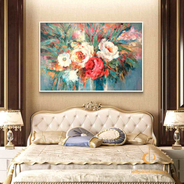 "Expressive Floral Abstract Oil Painting - Vibrant Red & White Blooms with Green Accents | Handmade Canvas Wall Art"
