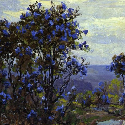"Blue Blossom Tree in Serene Landscape - Premium Hand-Painted Oil Reproduction on Canvas"