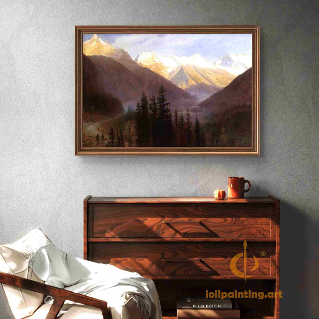 "Albert Bierstadt's 'Alpine Majesty' - Hand-Painted Mountain Landscape Oil Painting Reproduction"