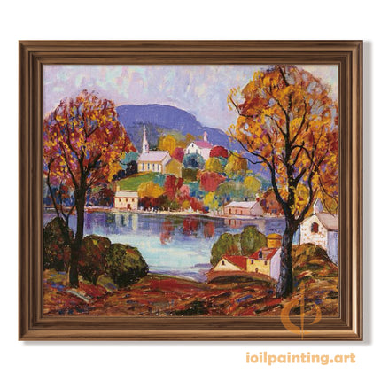 "Autumn Village by the Lake - Premium Hand-Painted Oil Reproduction on Canvas"