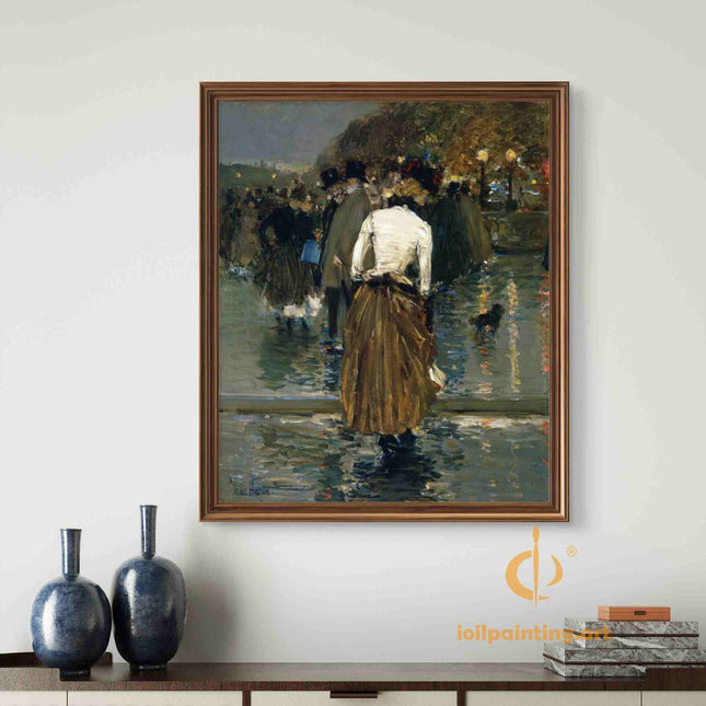 "Childe Hassam's 'Elegant Lady in 19th Century Street Scene' - Hand-Painted Impressionist Oil Painting Reproduction"