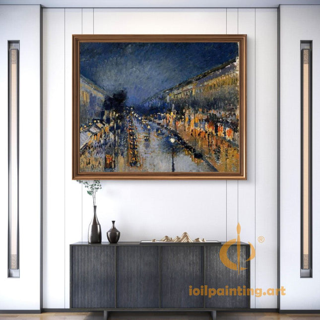 "Camille Pissarro's 'Nocturnal City Boulevard' - Hand-Painted Oil Painting Reproduction"