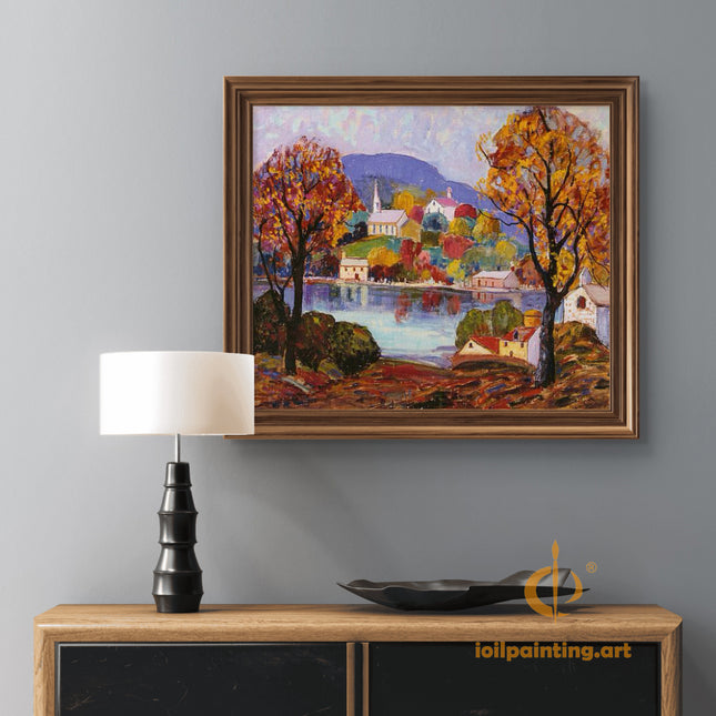 "Autumn Village by the Lake - Premium Hand-Painted Oil Reproduction on Canvas"