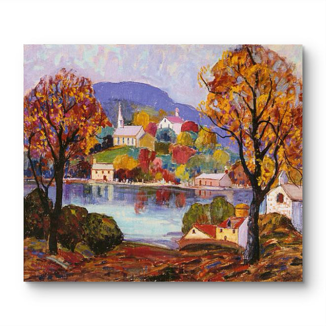 "Autumn Village by the Lake - Premium Hand-Painted Oil Reproduction on Canvas"